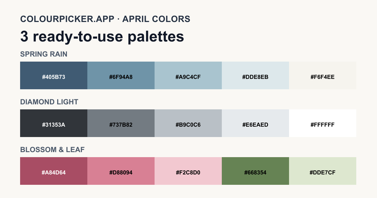 Three original April color palettes with fifteen labeled swatches