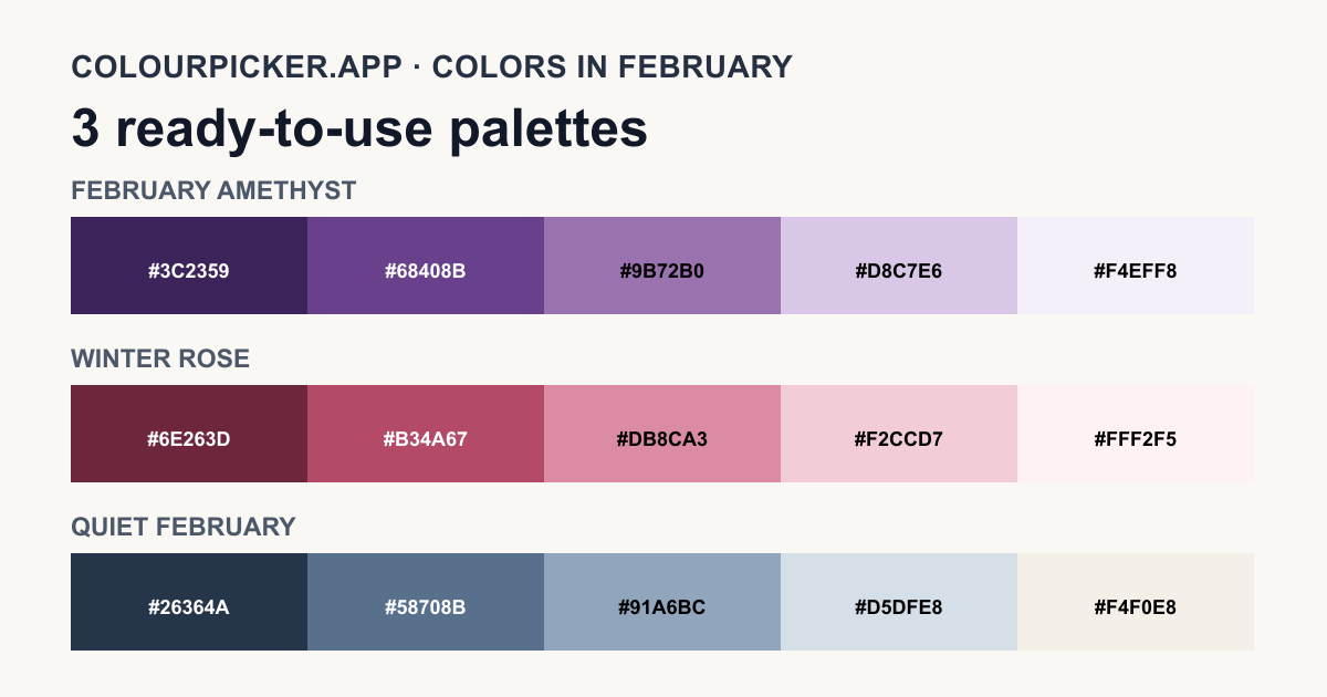 Three original February color palettes with fifteen labeled swatches