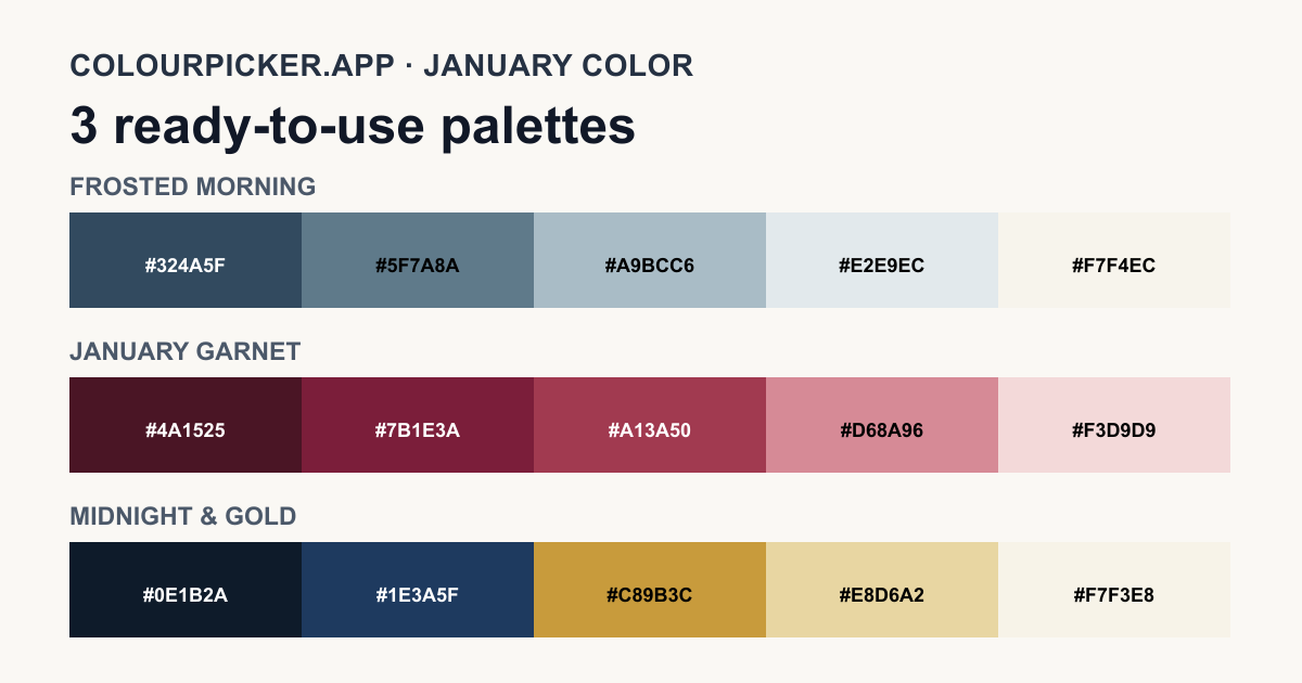 Three original January color palettes with fifteen labeled swatches