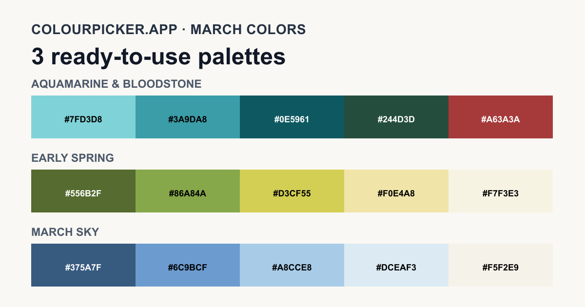 Three original March color palettes with fifteen labeled swatches