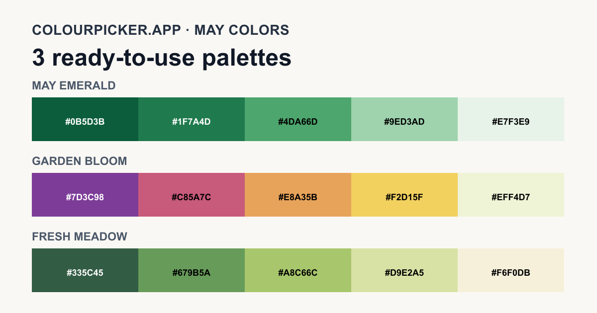 Three original May color palettes with fifteen labeled swatches