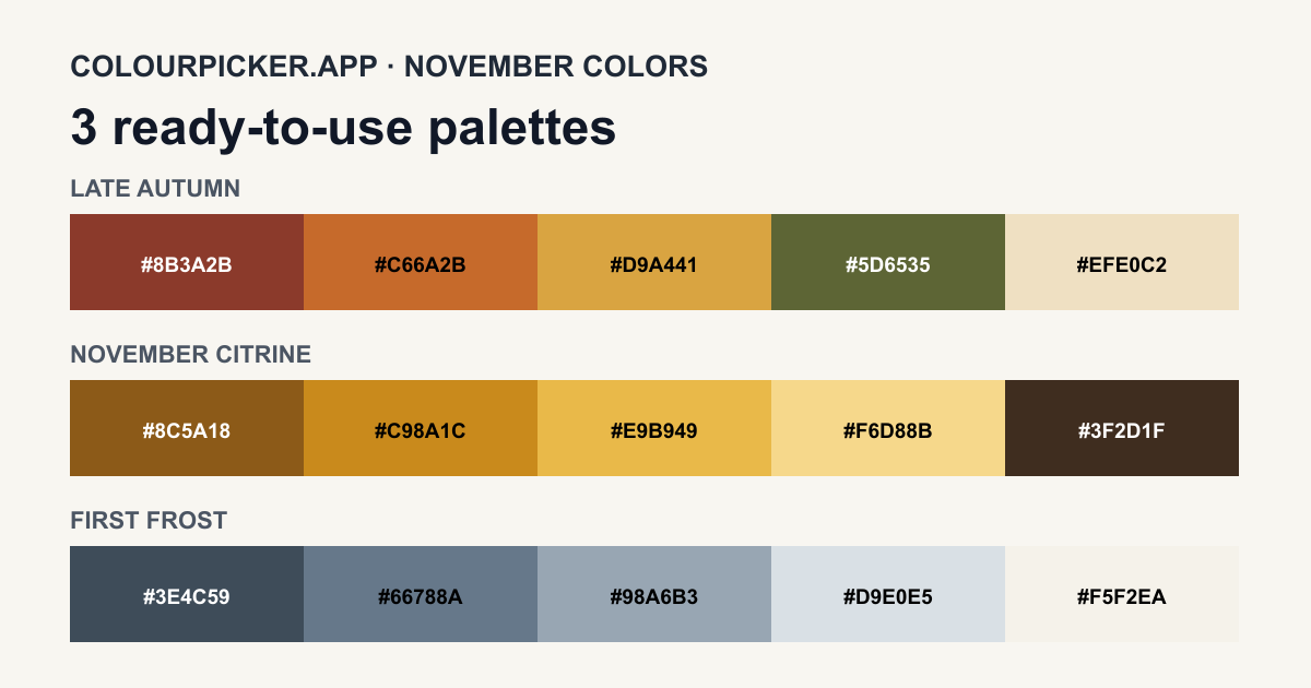Three original November color palettes with fifteen labeled swatches