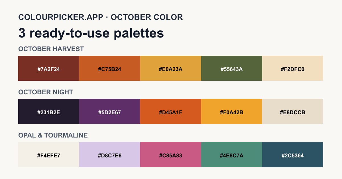 Three original October color palettes with fifteen labeled swatches
