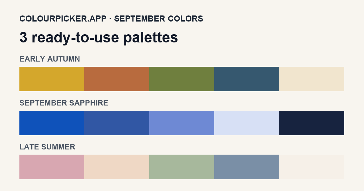 Three original September color palettes with fifteen labeled swatches